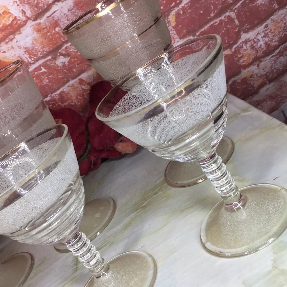 Vintage MCM Federal Glass Frosted Gilt Gold Rimmed Nine Piece Bar Set